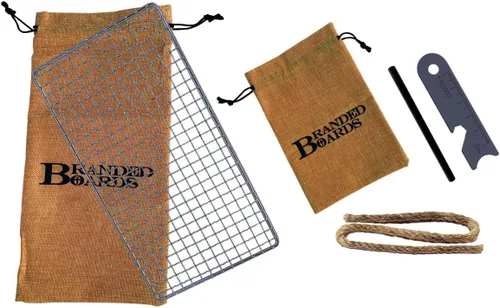 Vista 7 de Parrilla portátil de Bushcraft con rejilla para barbacoa de acero inoxidable, tabla de cortar de bambú, bolsa de arpillera, cuchillo mini, kits