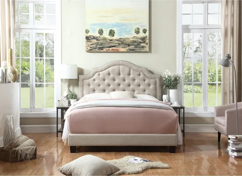 Vista 2 de Rosevera Angelo - Cama tapizada de lino con cabecera ajustable y relleno de botones Queen lino beige