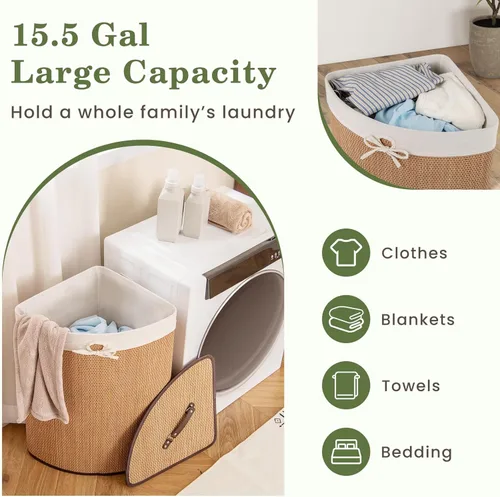 Vista 3 de GOFLAME Cesta esquinera de bambú para la ropa sucia con tapa y forro extraíble, cesta de almacenamiento para ropa de lavado con asa, adecuada