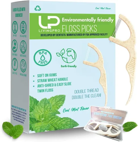 Vista 10 de Palillos de hilo dental a base de plantas con infusión natural de menta (220 piezas) con estuche de viaje Mango de trigo biodegradable
