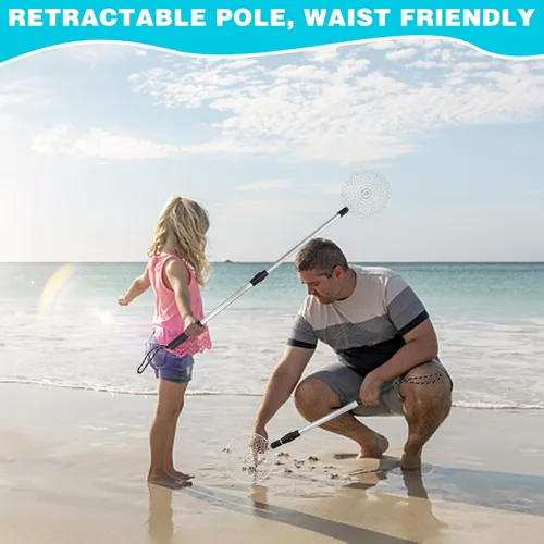 Vista 4 de 2 piezas de tamiz de arena para la playa, tamiz de diente de tiburón, palas de arena, herramienta retráctil para arena de playa, pala de roca