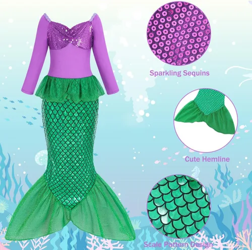 Vista 5 de Disfraz de sirena para niñas, disfraz de Halloween para niñas, disfraz de princesa Ariel, fiesta de cumpleaños