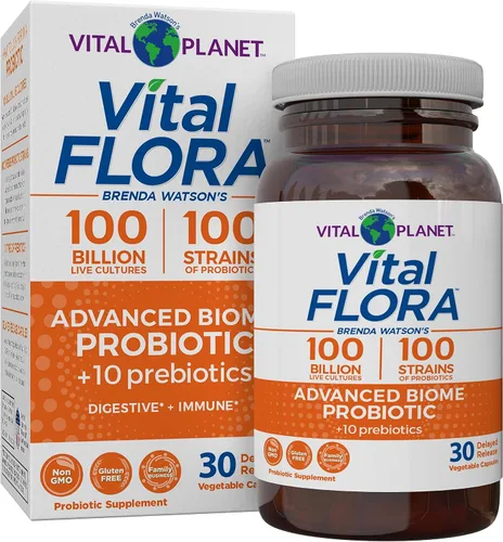 Vital Planet - Vital Flora Advanced Biome Probiotic 100 mil millones de UFC, 100 cepas diversas, 10 prebióticos orgánicos, apoyo inmunológico,
