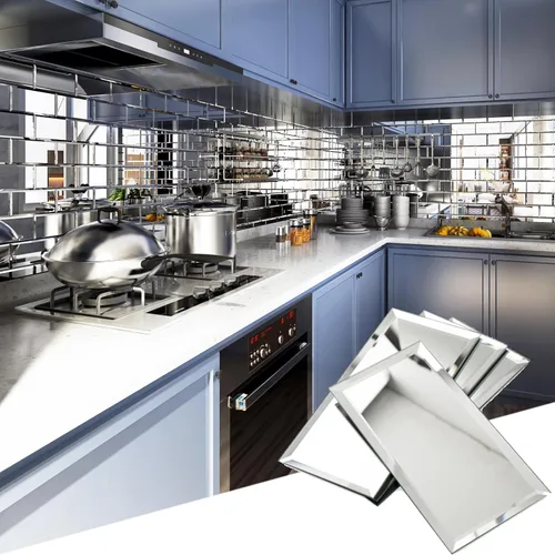 Vista 11 de Diflart Azulejos de Espejo para Salpicadero de Cocina, Tira Plateada, 12x12 Pulgadas, Azulejo de Espejo Biselado para Pared de Baño