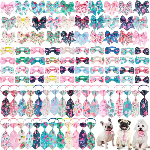 Vista 15 de Reginary El juego de 100 piezas de collar de corbatín para perro incluye 40 corbatas para perros y 30 corbatines para cachorros, 30 flores