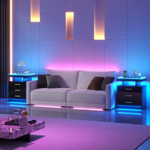 Vista 8 de HNEBC Mesita de noche LED con estación de carga, mesita de noche inteligente con luces de sensor de movimiento, 3 cajones, parte superior de vidrio