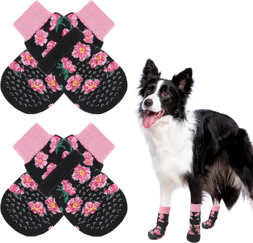 Vista 41 de SCENEREAL Calcetines antideslizantes para perros para evitar lamer patas para suelos de madera dura, zapatos de perro de doble cara botas