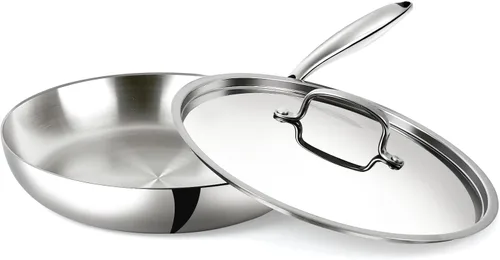 Vista 10 de Sartén de acero inoxidable de 8 pulgadas, base de triple capa, sartenes no tóxicas con tapa de acero inoxidable, calentamiento rápido y uniforme