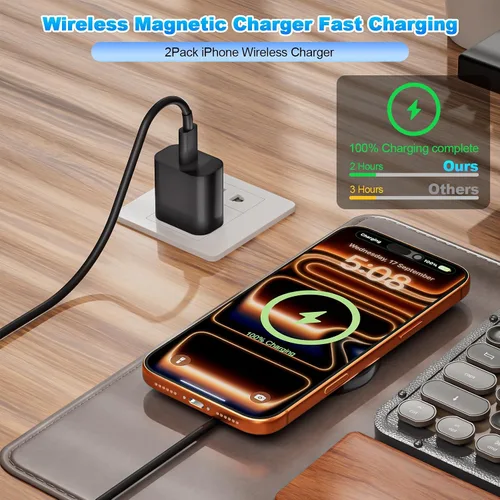 Vista 2 de Cargador inalámbrico magnético para iPhone 17 16, paquete de 2 cargadores inalámbricos de 6 pies de carga rápida y segura con bloque de carga USB C