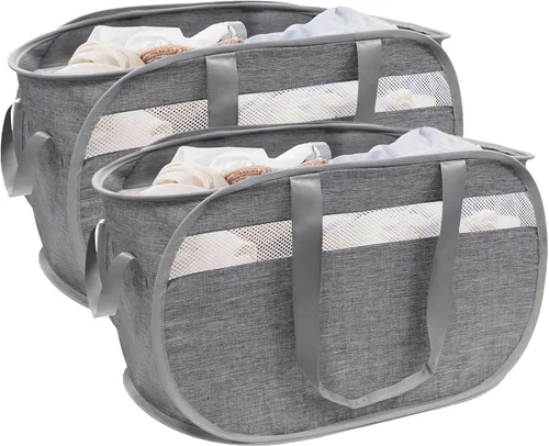 Vista 8 de Cesta plegable para la ropa sucia duradera con 2 compartimentos para clasificar y almacenar, cesta portátil para ropa sucia para dormitorio, cuarto