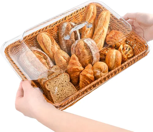 Vista 5 de DEAYOU Paquete de 2 cestas de pan de imitación de ratán con tapa, cesta tejida de mesa para servir alimentos, cesta de frutas de polietileno