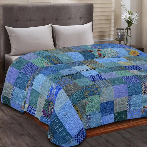 Vista 18 de Boho Sanskriti Colcha de seda india Kantha de retazos de seda tamaño Queen Twin Patola Colcha