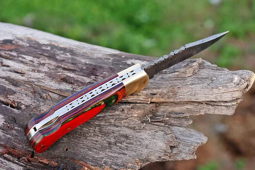 Vista 3 de Cuchillo de bolsillo de acero de Damasco hecho a mano y afilador de cuchillos, cuchillo plegable de Damasco, cuchillo de bolsillo para hombres