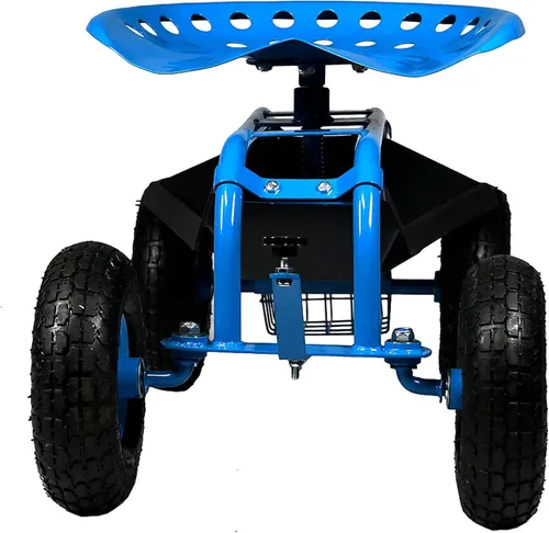 Vista 5 de Sunnydaze Carrito de jardín rodante con asiento, taburete de jardín con ruedas y asiento giratorio ajustable de 360 grados, bandeja de herramientas
