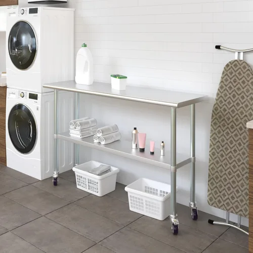 Vista 6 de AmGood Mesa de trabajo de acero inoxidable de 18 x 60 pulgadas con ruedas Mesa móvil de metal Preparación de alimentos