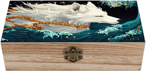 Caja de almacenamiento de madera de mitología japonesa con tapa con bisagras, caja de regalo vintage de madera natural, caja decorativa de recuerdo,
