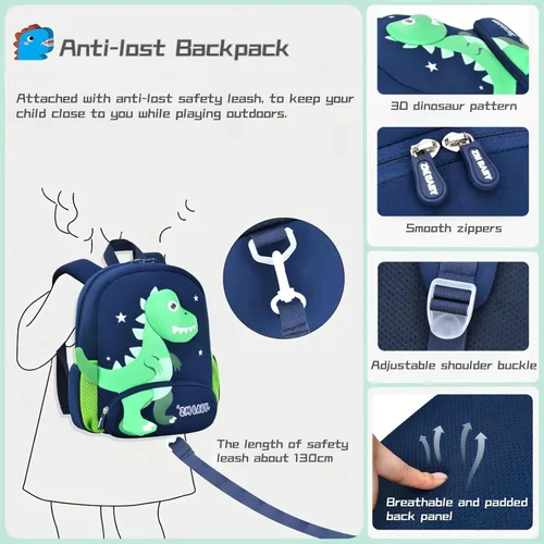 Vista 6 de Mochila de dinosaurio antipérdida para niños y niñas con correa de seguridad, B-azul+verde oscuro, Mochilas Daypack