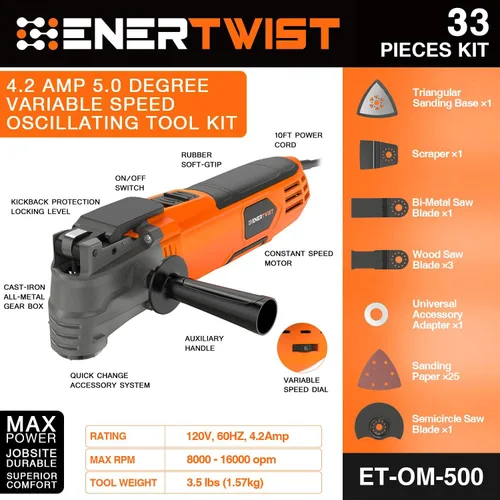 Vista 2 de ENERTWIST Herramienta oscilante, kit multiherramienta oscilante de 4.2 amperios con ángulo de oscilación de 5°, 6 velocidades variables, 31
