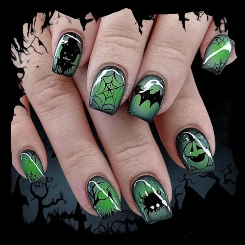 Vista 15 de Uñas cortas a presión para Halloween, uñas postizas cuadradas de personajes de películas de miedo, uñas postizas con pegamento de Halloween