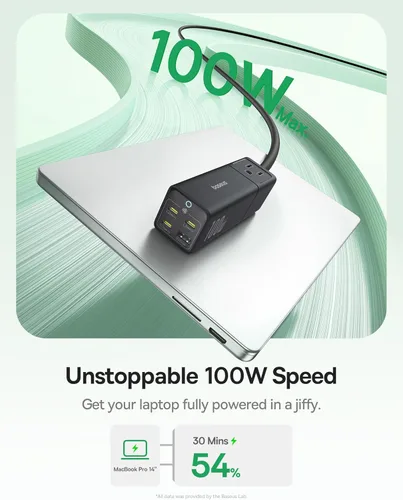 Vista 4 de Baseus Estación de carga 100W, tira de alimentación de viaje 5 en 1 con cargador USB C, con cable de extensión desmontable de 5 pies, enchufe plano