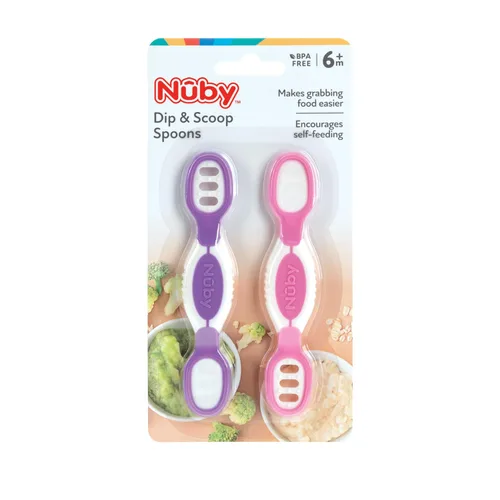 Vista 4 de Nuby Cucharas de inmersión y cuchara – (paquete de 2) cucharas de destete LED para bebés – 6 meses en adelante – morado y rosa