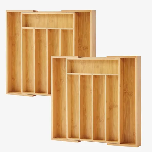 Vista 10 de Organizador de cajones extensible de acacia para cubiertos y utensilios, bandeja de cubiertos de madera de acacia ajustable en cajón para cubiertos