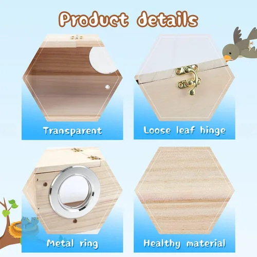 Vista 3 de Caja de anidación transparente para periquitos de GINDOOR, casa para pájaros de madera natural, caja de cría para loros, periquitos, cacatúas