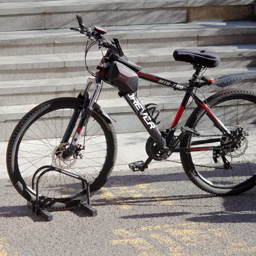 Vista 7 de WALMANN Soporte de piso para bicicleta, soporte de estacionamiento de bicicletas de acero para 1 bicicleta, ruedas de 22-28 pulgadas, ancho máximo
