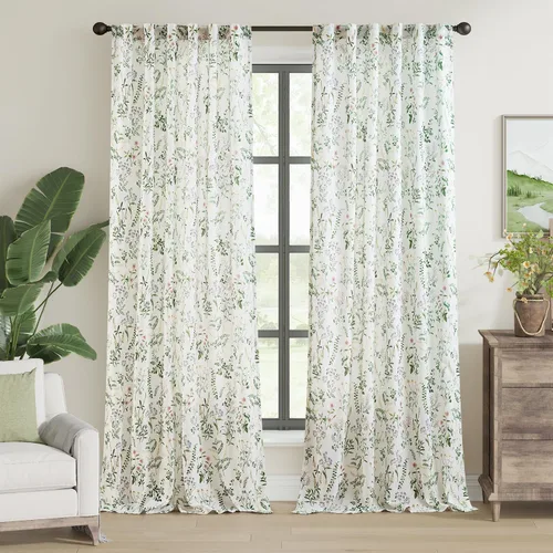 Vista 87 de JINCHAN Cortinas de mezcla de lino con flores para sala de campo francés, cortinas para sala de estar de 84 pulgadas de largo, cortinas impresas
