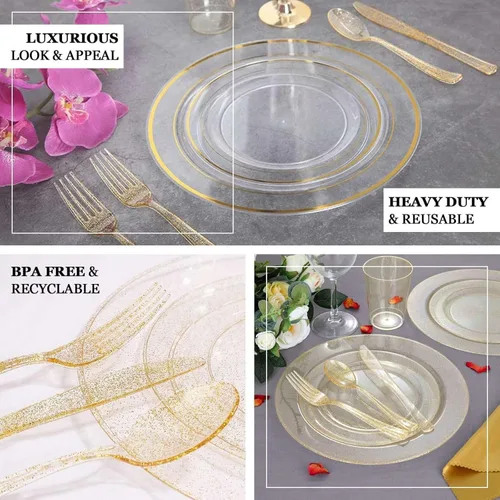 Vista 4 de Efavormart - Paquete de 100 cuchillos clásicos de plástico resistente con purpurina dorada transparente de 7 pulgadas, utensilios desechables