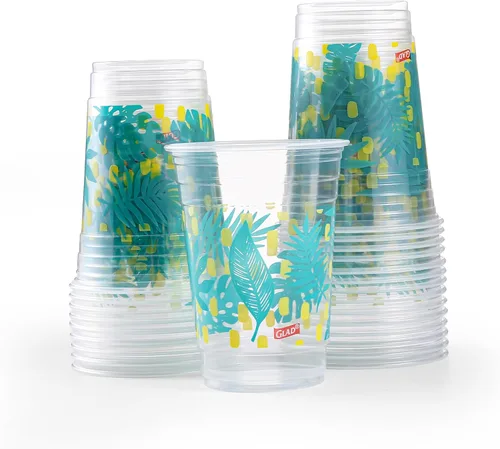Vista 3 de Glad Vasos de plástico transparente para uso diario con estampado de hoja de palma, 18 onzas, 24 unidades, vasos de plástico transparente con hojas