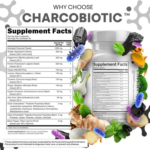 Vista 5 de Clean Nutra - Píldoras de carbón activado + enzimas digestivas probióticas Shilajit para la salud digestiva cápsulas con menta hinojo regaliz