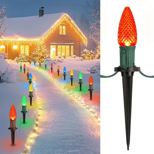 Vista 15 de Brightown Tira de luces LED estilo sendero de Navidad para exteriores; tira de 20 luces LED C9 de 25.7 pies con 20 estacas interconectables y a