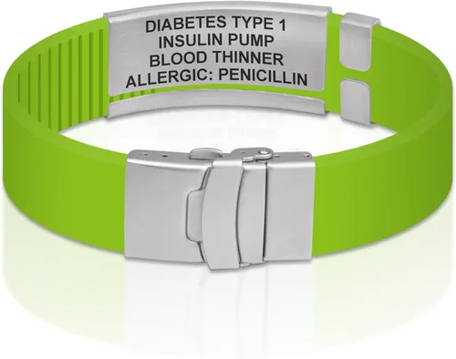 Vista 103 de Divoti Pulsera de identificación de alerta médica grabada personalizada, grabado láser de doble cara, pulsera de silicona, cierre de seguridad