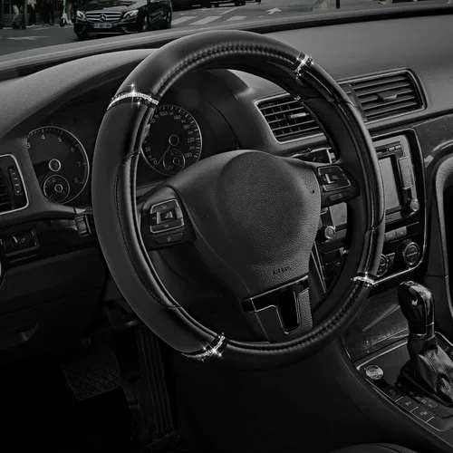 Vista 8 de Road Comforts Funda de cuero para volante, fabricada con piel de PVC, antideslizante, ajuste universal de 14 1/2 a 15 pulgadas, color negro