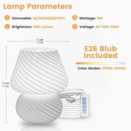 Vista 5 de ULAROOM Lámpara de hongo USB enchufable pequeña para mesita de noche con bombilla LED de 3 temperaturas, luz nocturna con atenuación libre