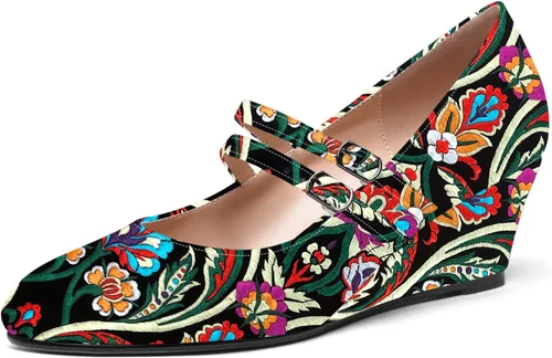 Vista 10 de SHOWFOREST Zapatos de tacón bajo con hebilla de punta redonda para mujer, con correa ajustable y correa ajustable, 2 pulgadas Beige