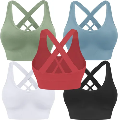 Evercute - Brasier deportivo con relleno y tirantes delgados cruzados para mujer, sin costuras, brasier de soporte medio para alto impacto, ideal