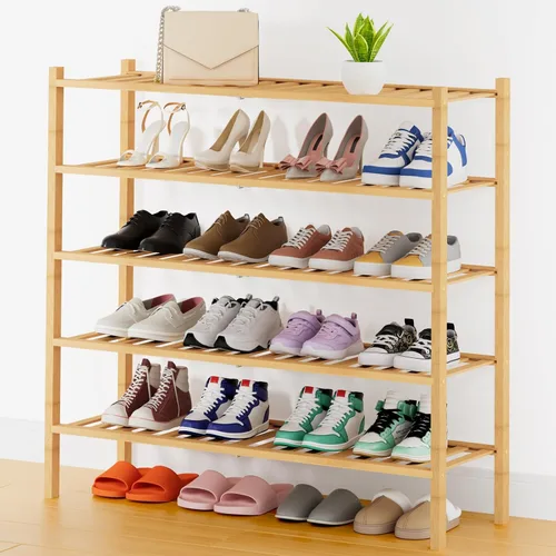 Vista 70 de Smiry Zapatero pequeño de bambú de 2 niveles, apilable, estante de almacenamiento de zapatos de madera para armario, entrada, entrada de puerta Negro