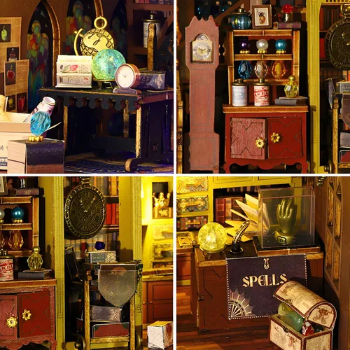 Vista 5 de Roroom Kit de casa de muñecas de bricolaje, kit de rincón de libro del tesoro mágico con caja de música y cubierta para el polvo, rompecabezas