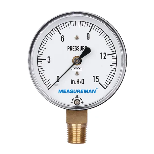 MEASUREMAN - Medidor de presión tipo cápsula de diafragma, esfera de 2-1/2 pulgadas, montaje inferior de 1/4 pulg. NPT, ajustable, 0-15 in H2O