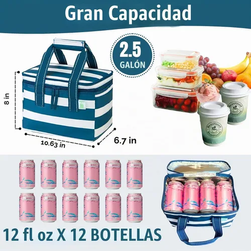Vista 4 de VENO Paquete de 2 bolsas de almuerzo aisladas, resistentes al agua Raya azul marino clásica