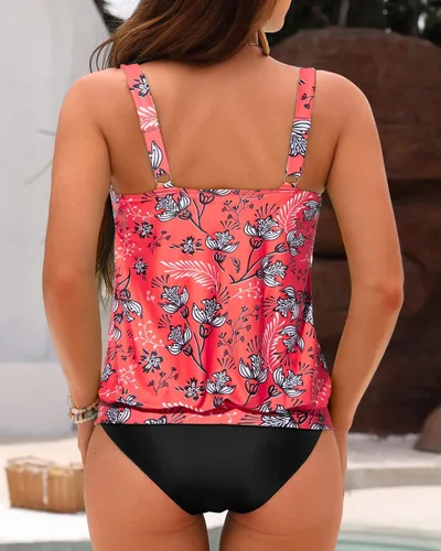 Vista 5 de Yonique Trajes de baño estilo tankini con blusón para mujer, de dos piezas, ajuste holgado, sencillo y estampado floral.