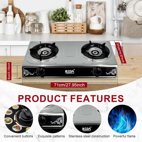Vista 2 de Estufa de gas propano de 2 quemadores, estufa de camping portátil de acero inoxidable con encendido automático, quemadores de propano para cocinar