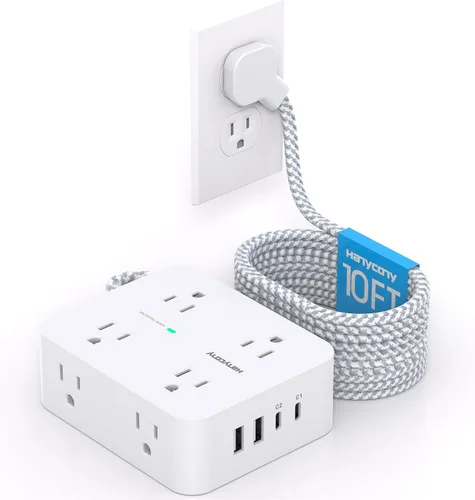 Vista 14 de Protección Contra Sobretensiones con Alargador de Corriente, HANYCONY 8 Salidas con 4 Puertos de Carga USB (2 USB C), Extensor de Salidas Laterales