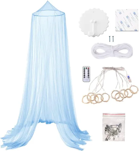 Vista 3 de Dosel de cama Eimilaly con mosquitera y 250 piezas de luces de cortina blancas cálidas, dosel de cama para decoración de habitación de niñas