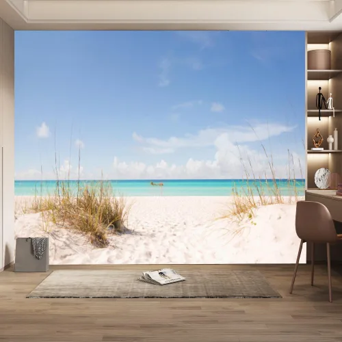 Vista 9 de Mural de pared 3D Ocean Beach, paisaje tropical, papel tapiz autoadhesivo extraíble para sala de estar, dormitorio, decoración de pared, 59 pulgadas