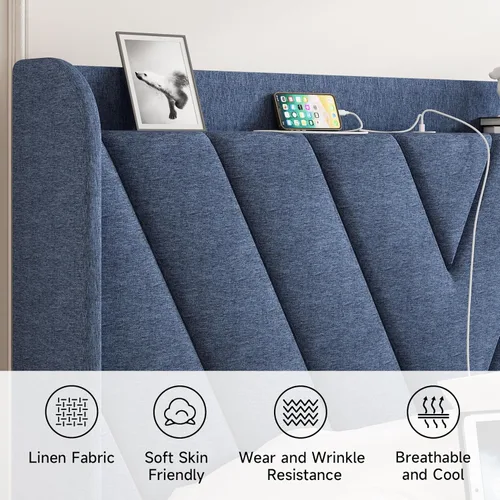 Vista 100 de koorlian Base de cama Queen con cabecero, base de cama tapizada ajustable con puertos tipo C y USB, cabecera de almacenamiento con respaldo de ala