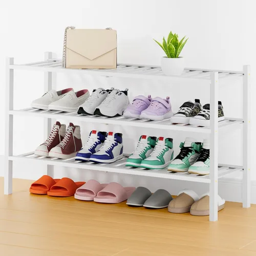 Vista 117 de Smiry Zapatero pequeño de bambú de 2 niveles, apilable, estante de almacenamiento de zapatos de madera para armario, entrada, entrada de puerta Negro