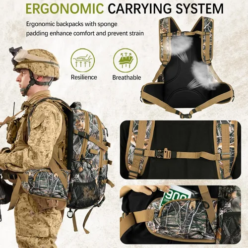 Vista 4 de Mochila de caza impermeable GoHimal 600D para hombres, paquete de caza camuflado con soporte para arco, 35 L, Classic